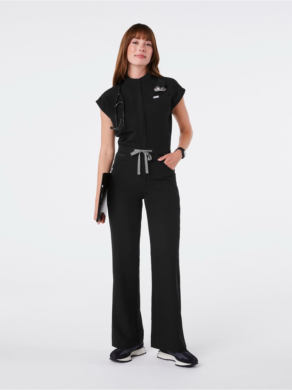 Figs Black Jumpsuit with Gray Drawstring